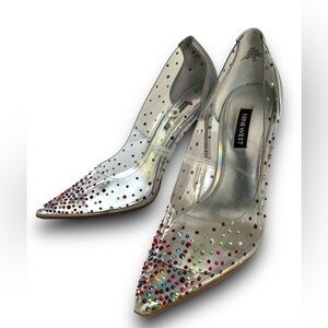 Nine West Clear Franca Dress Heel Multi Colored Rhinestones Holographic Size 6.5